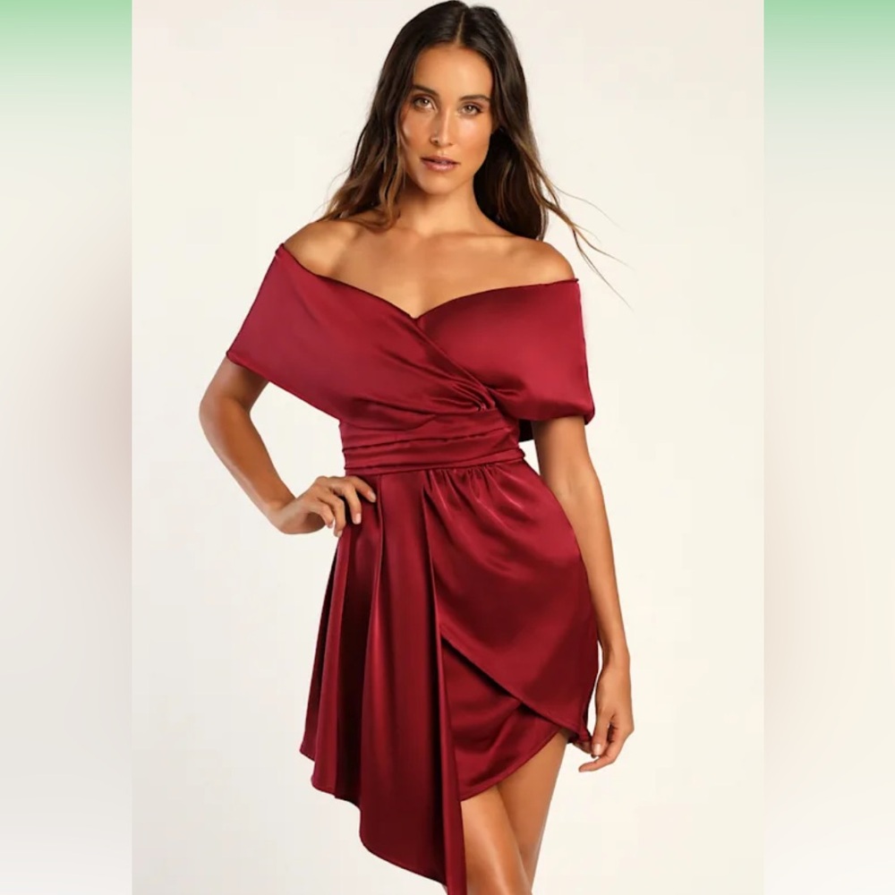 NWT Lulus Always Celebrating Burgundy Satin Off-the-Shoulder Mini Dress